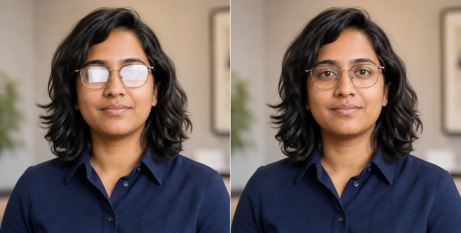 The same professional wearing glasses, with strong glare obscuring the eyes on the left and clear lenses after moving the light on the right