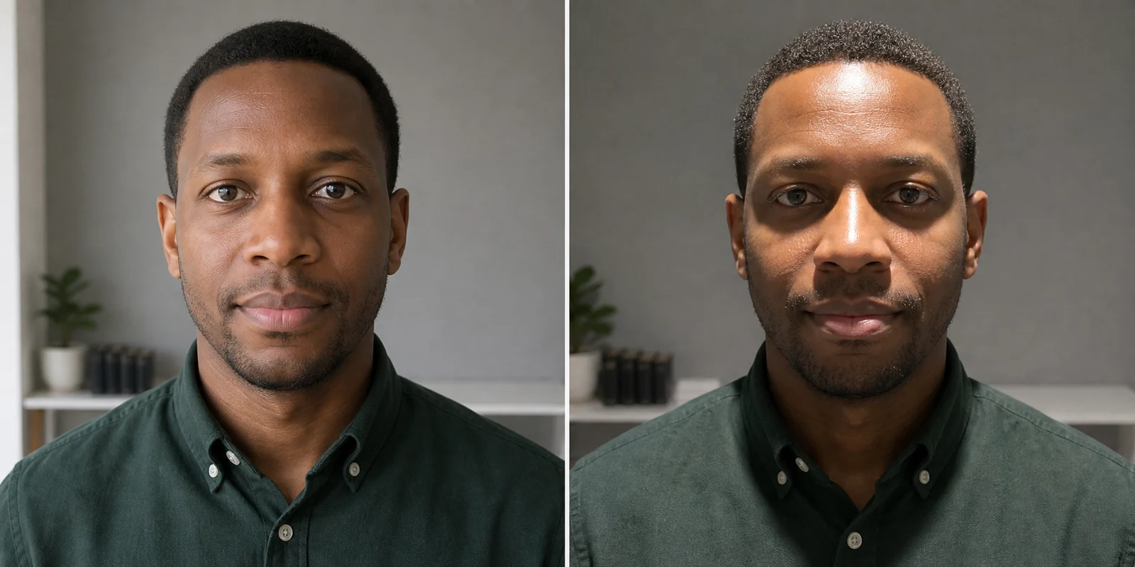 The same model under soft window light on the left and direct overhead light on the right