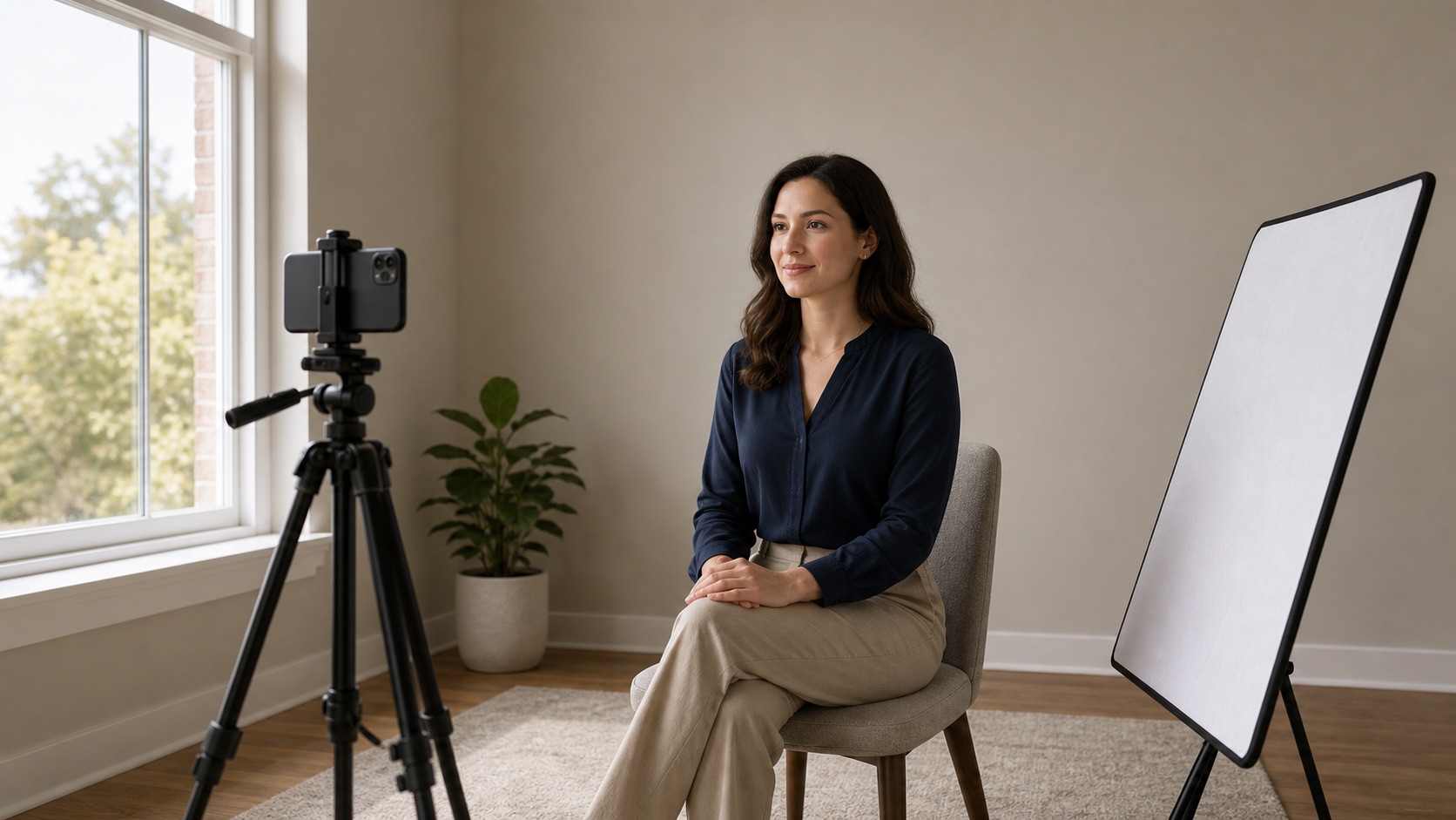 Illustration of a smartphone, window, white reflector, and plain backdrop arranged for a home headshot
