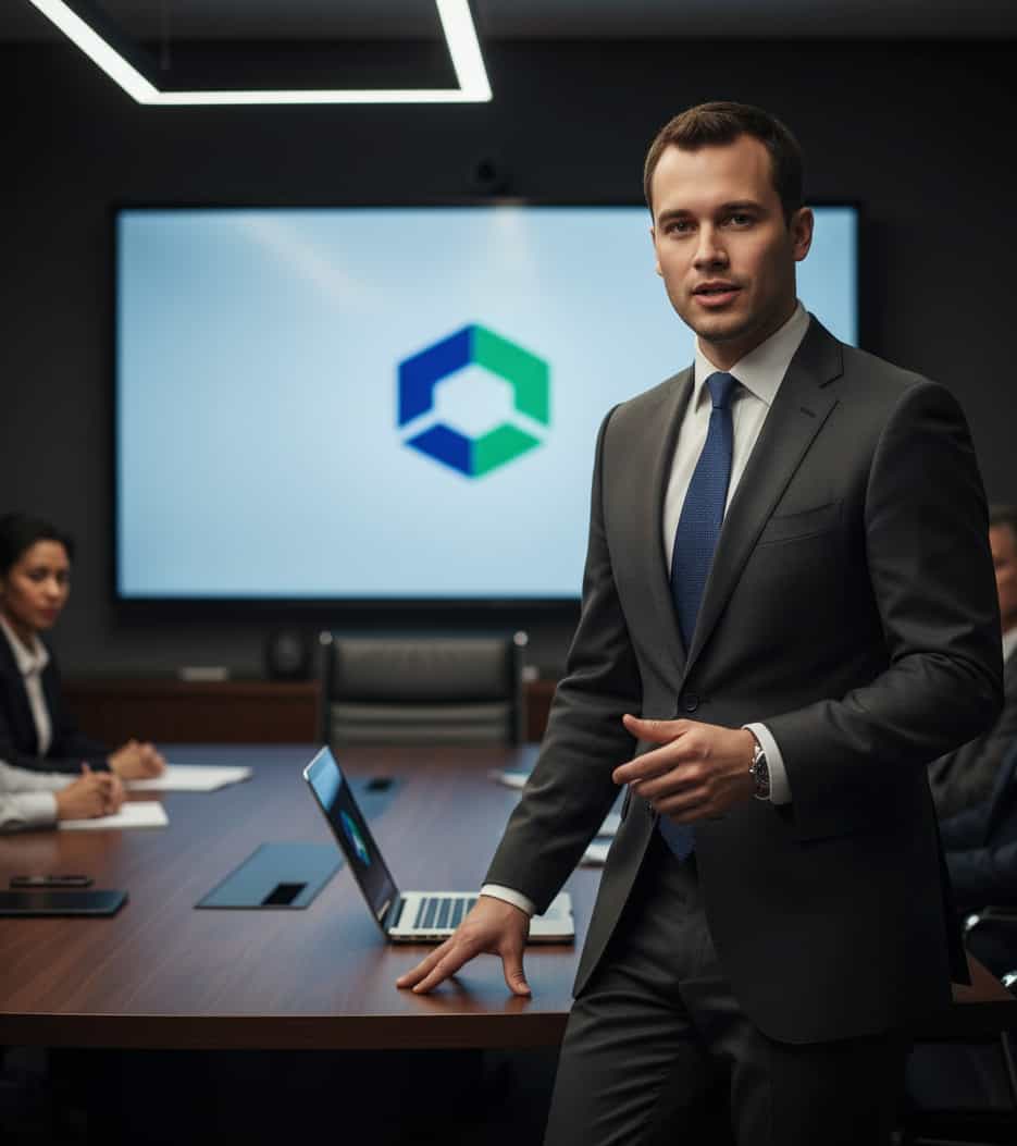 Collaborative meeting scenario with warm practical lighting and engaged expression.