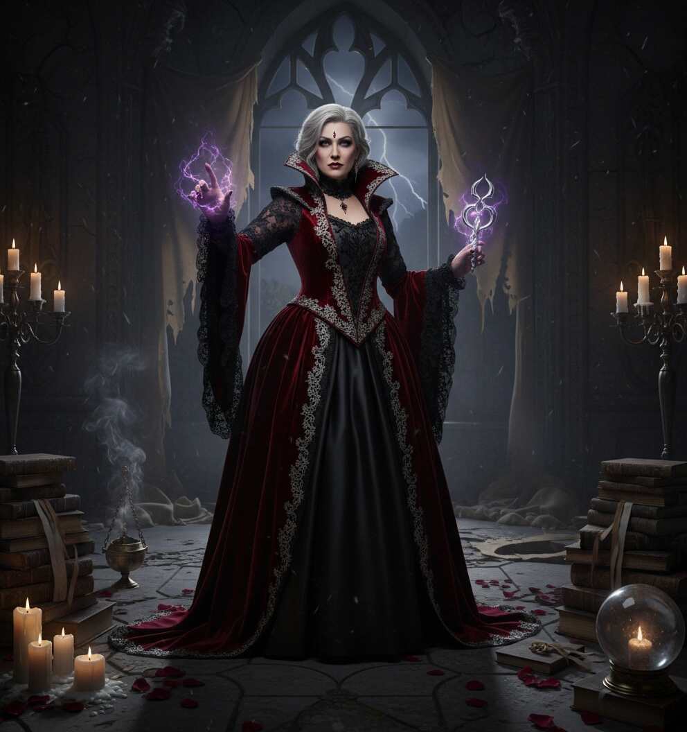 The Crimson Baroque Sorceress commands dark energies within a candle-lit gothic chamber, a vision of formidable elegance.