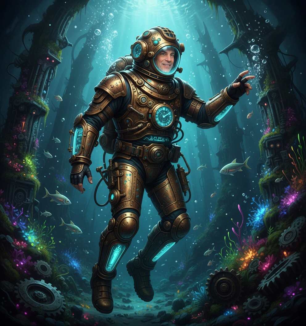 The Visionary Deep-Sea Chrononaut explores a bioluminescent underwater ruin, merging antique tech with oceanic mystery.