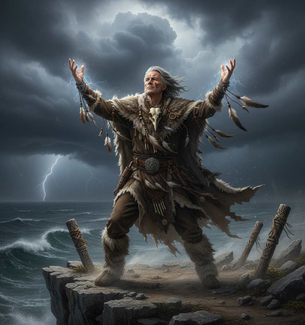 A Fierce Stormweaver Shaman summons elemental power on a windswept cliff, master of tempest and spirit.