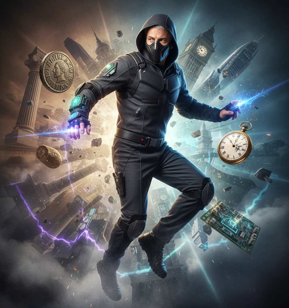 The Daring Rogue Time-Jumper leaps between epochs, a kinetic blur amidst fractured fragments of history.