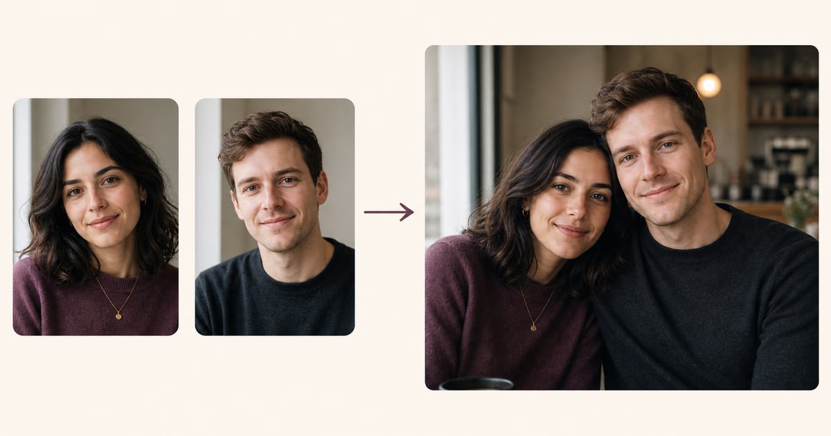 Two matching source portraits becoming one generated cafe couple photo