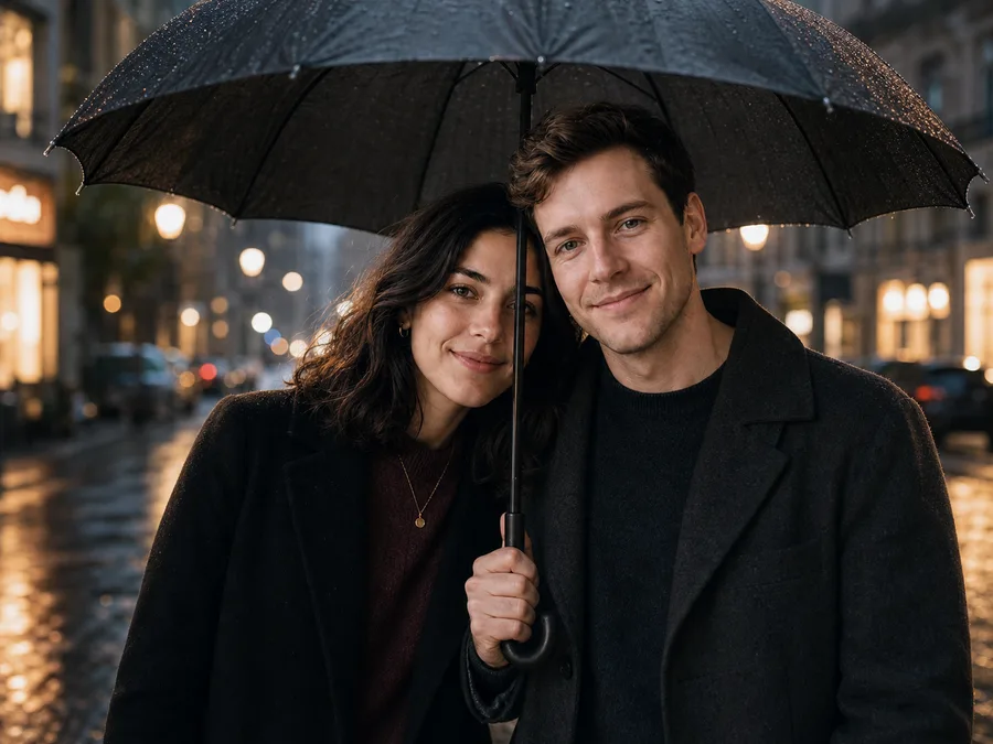 Generated rainy city couple photo under an umbrella