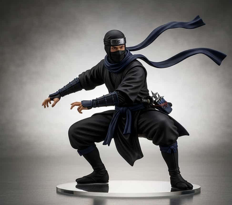 AI-generated figurine of a ninja superhero in a modern armored cosplay suit.