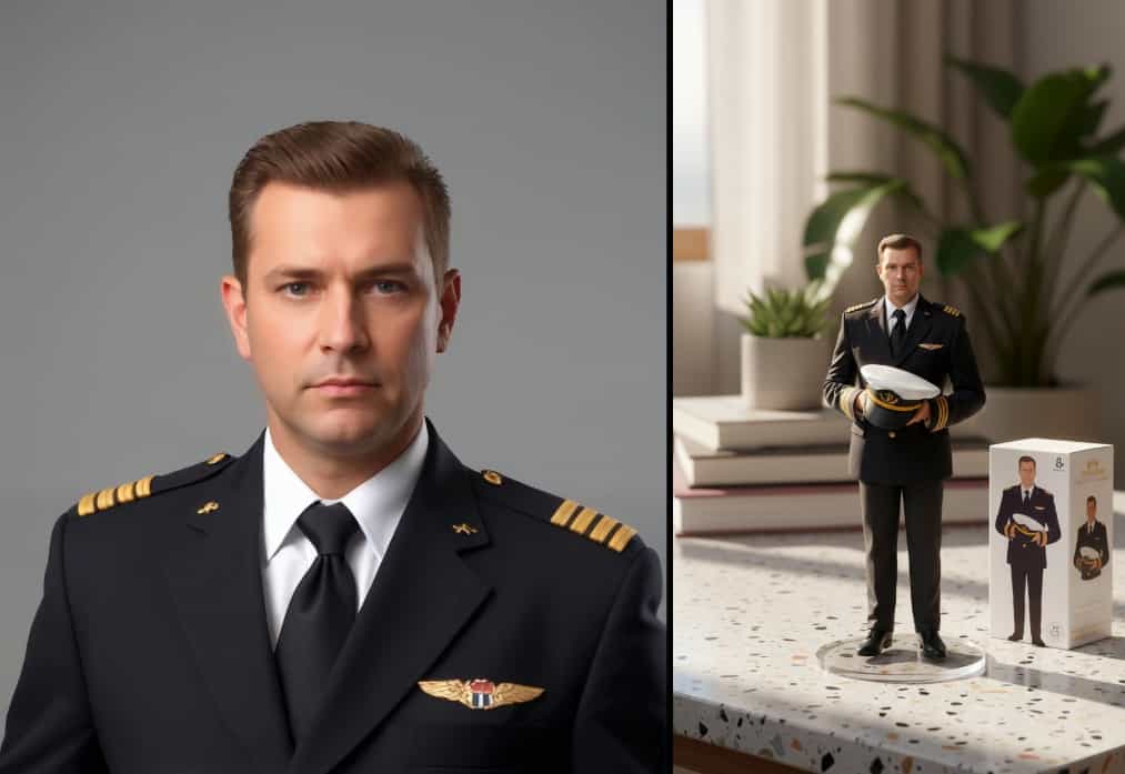 Custom AI figurine of a male commercial airline pilot posing in uniform.