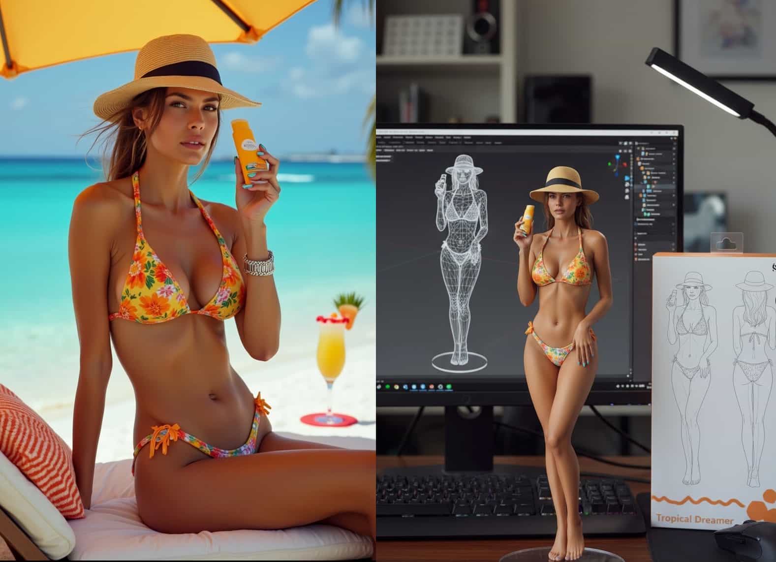 Custom AI figurine made from a photo of a woman in a bikini on a tropical beach.