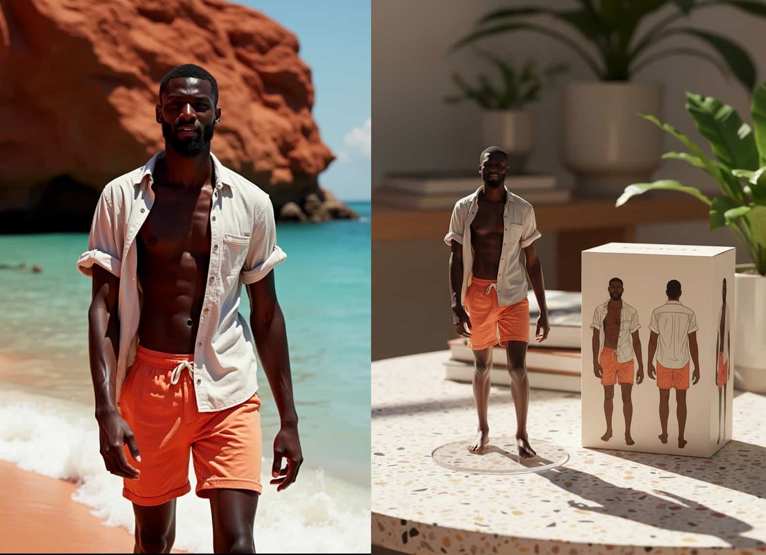 AI-generated portrait figurine of a Black man with sunglasses on a sunny beach.