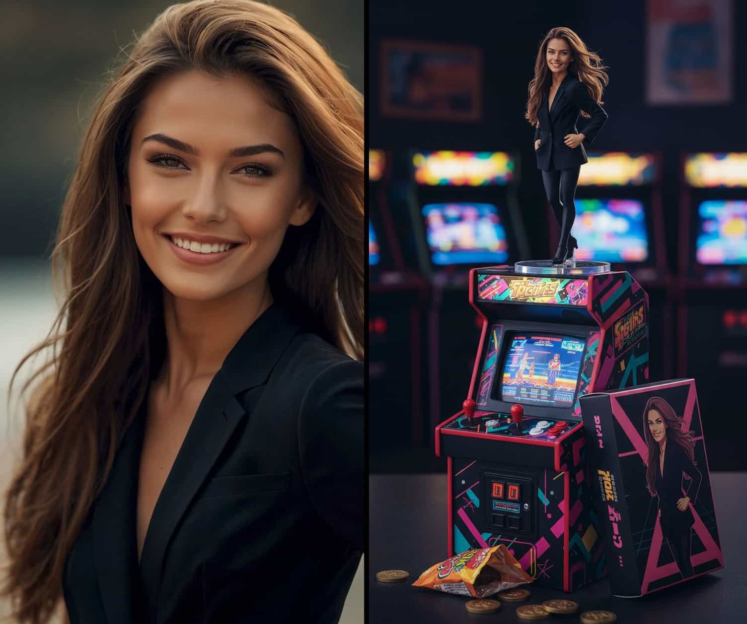 Beautifully rendered AI portrait figurine of a young woman with a gentle smile.