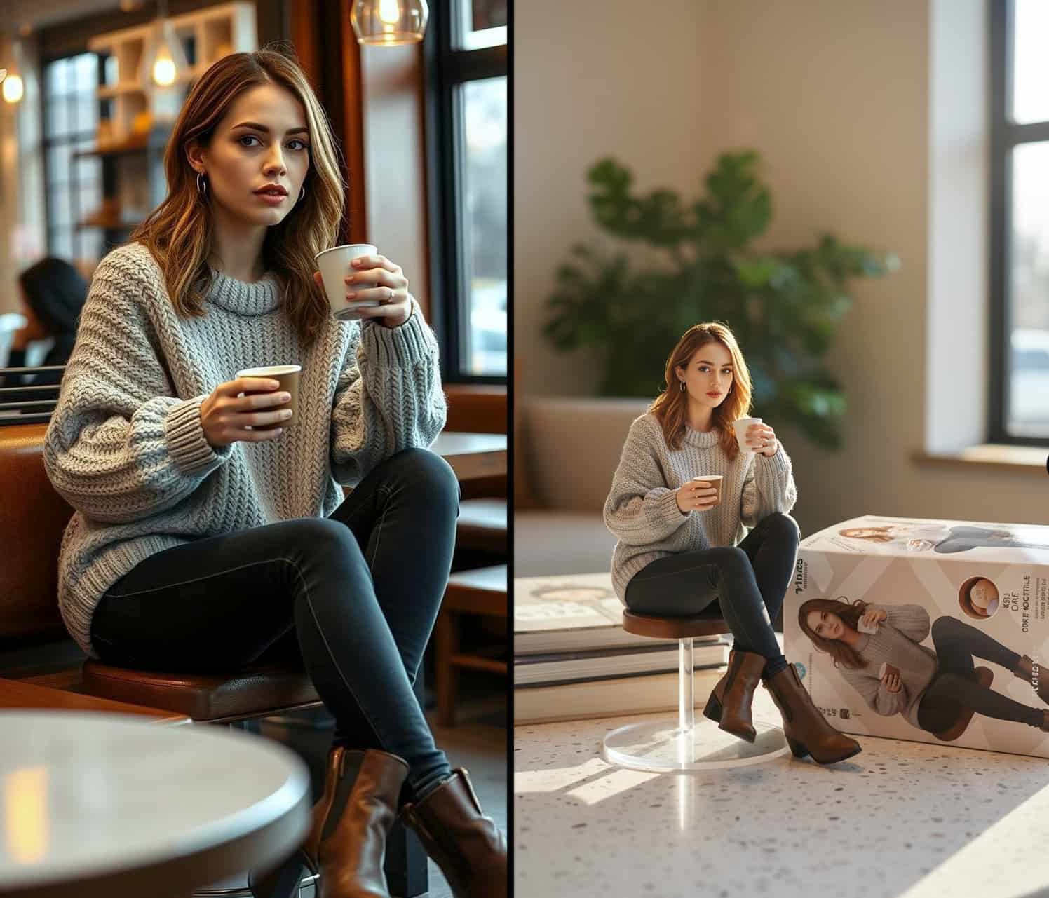 Personalized AI figurine of a woman in a bathrobe holding a morning coffee mug.
