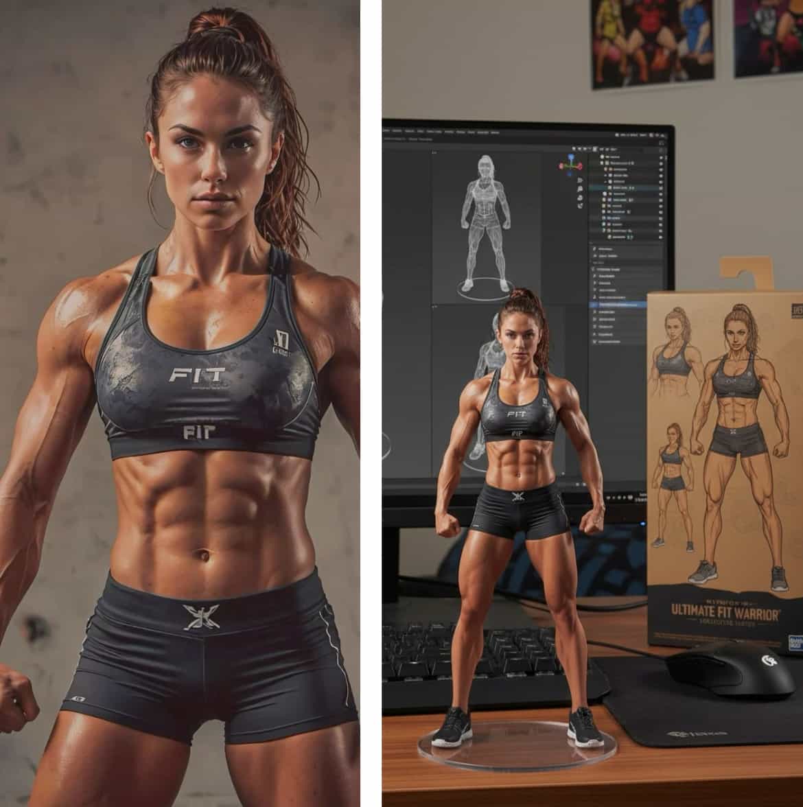 AI figurine of a woman in Crossfit attire lifting a kettlebell to celebrate a fitness milestone.