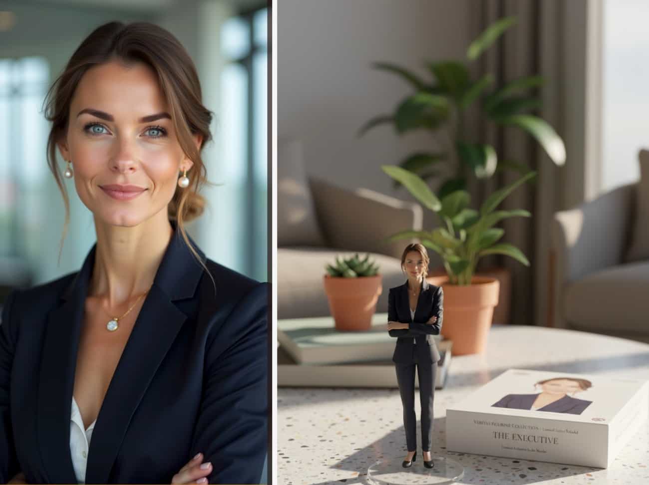 Professional AI figurine of a woman CEO in a business suit, designed as a custom LinkedIn avatar.