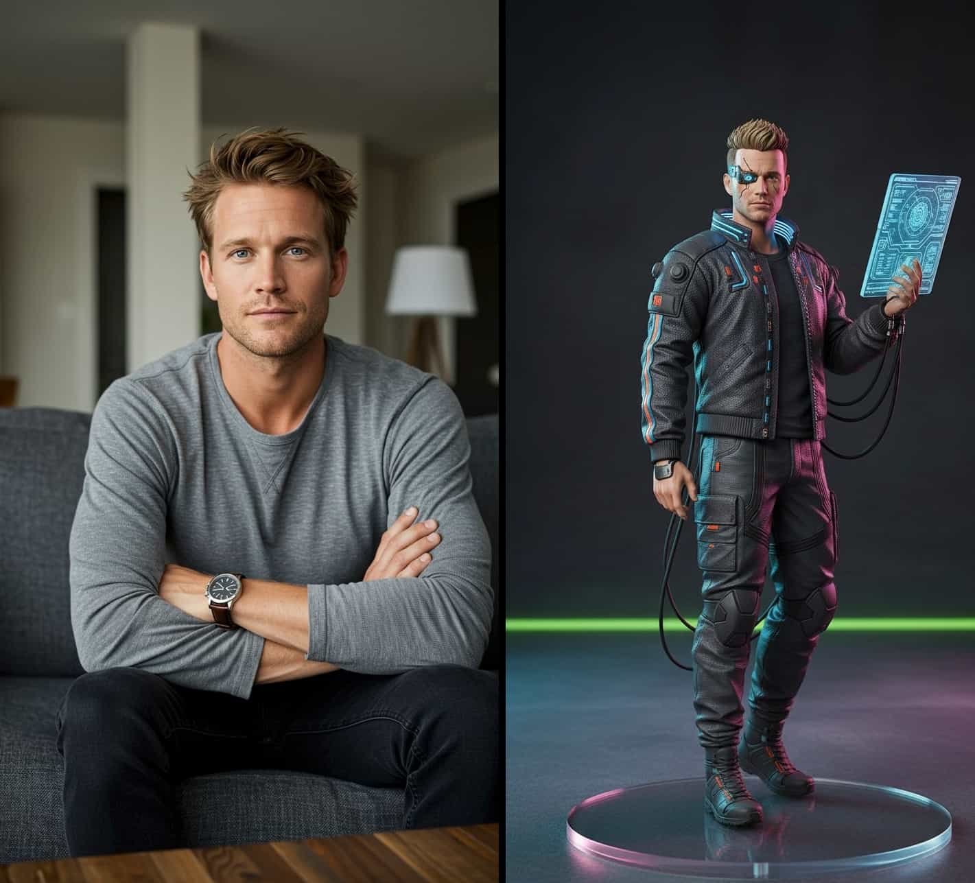 Cyberpunk style AI figurine of a man with cybernetic enhancements and neon rim lighting.