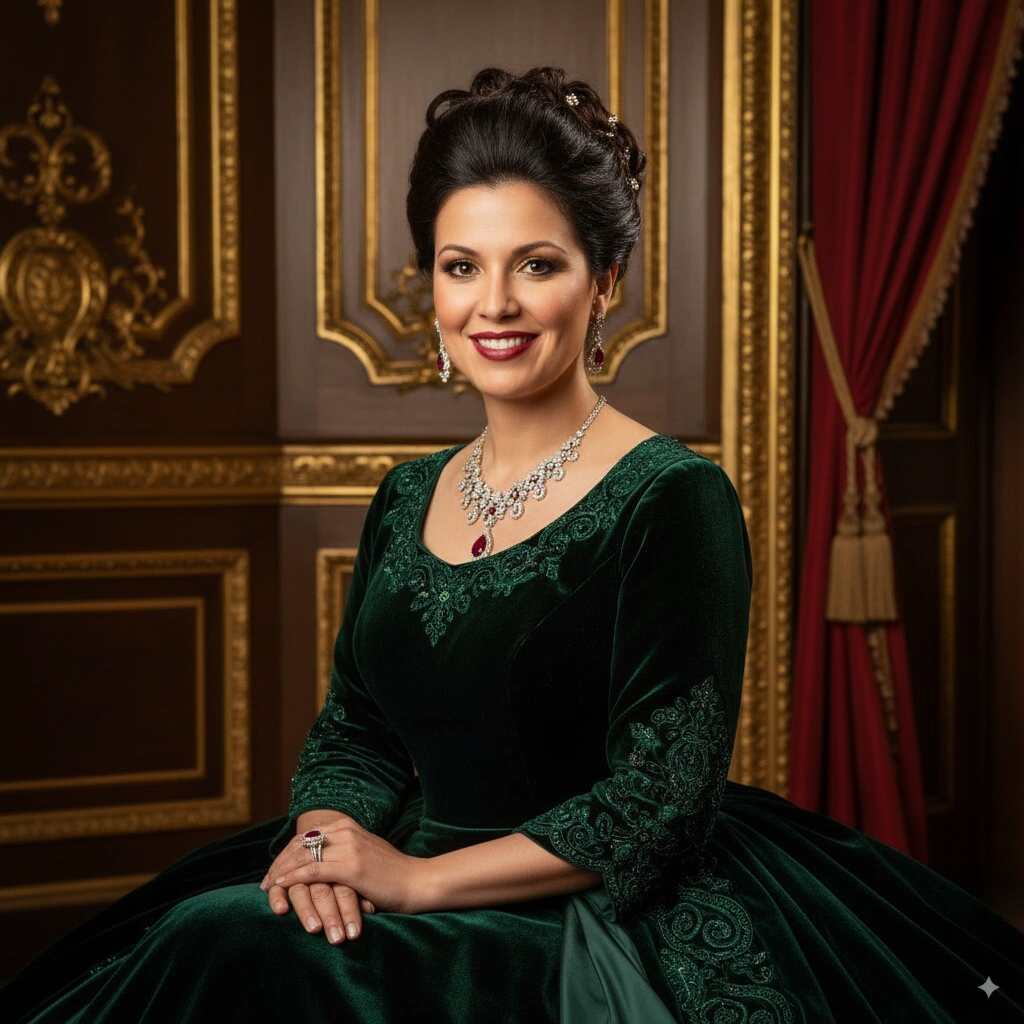 Glamour variation with rooftop night skyline.